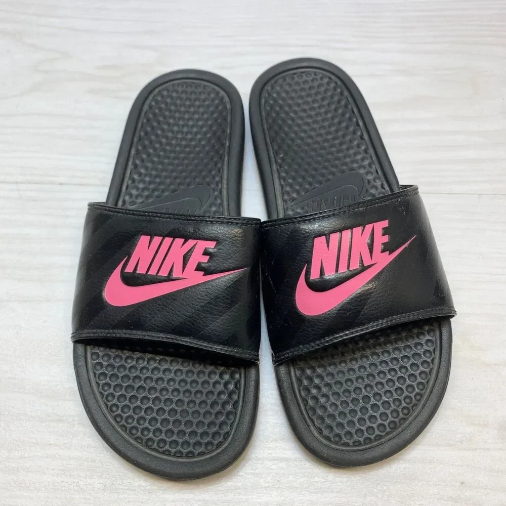 Nike Women's Benassi JDI Slides Black Pink Sandals Size 9‎ Sports Gym Travel